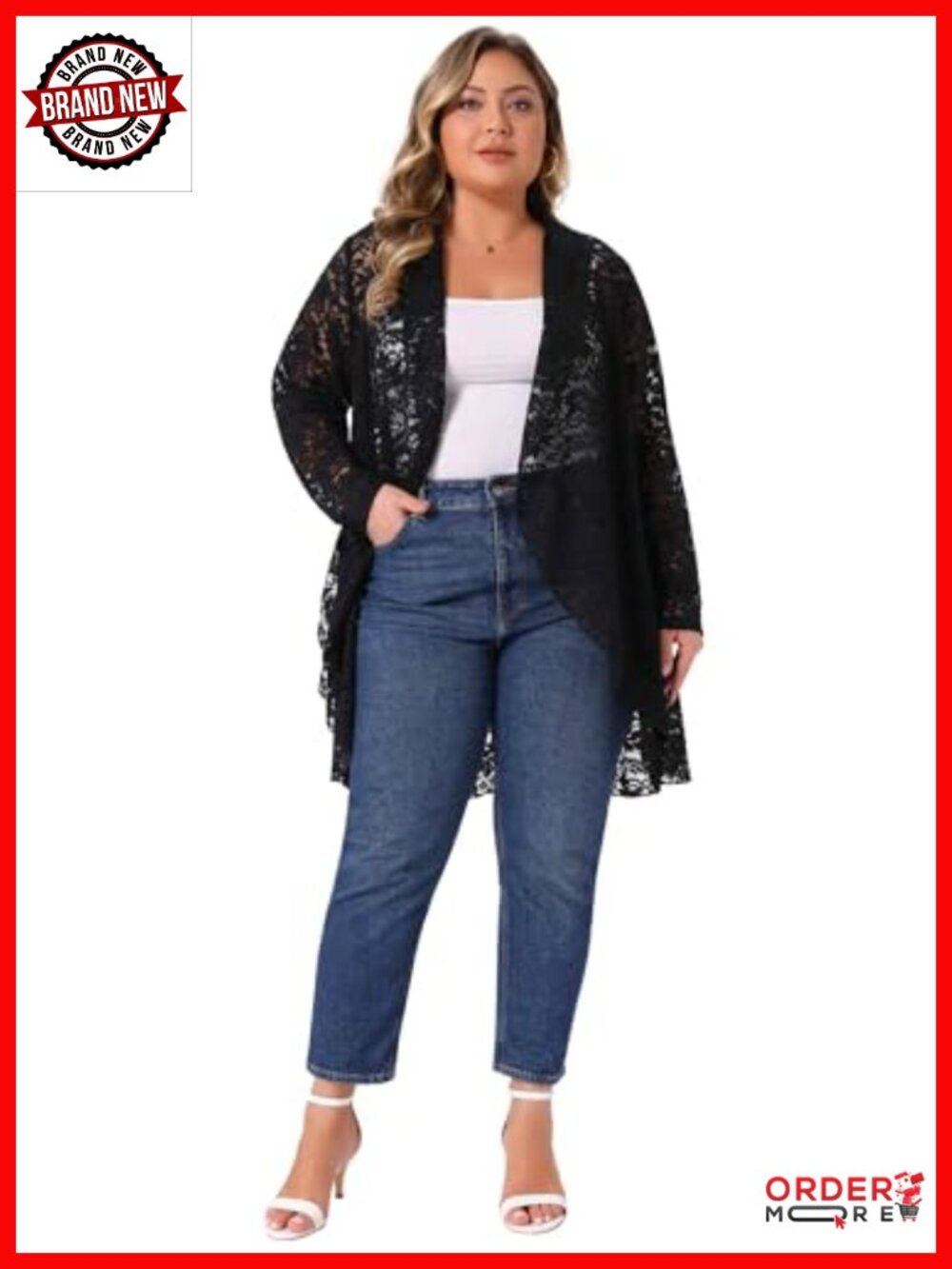 Plus Size Lace Cardigan Open Front Long Sleeve Sheer Crochet Cover Up - Picture 2 of 4